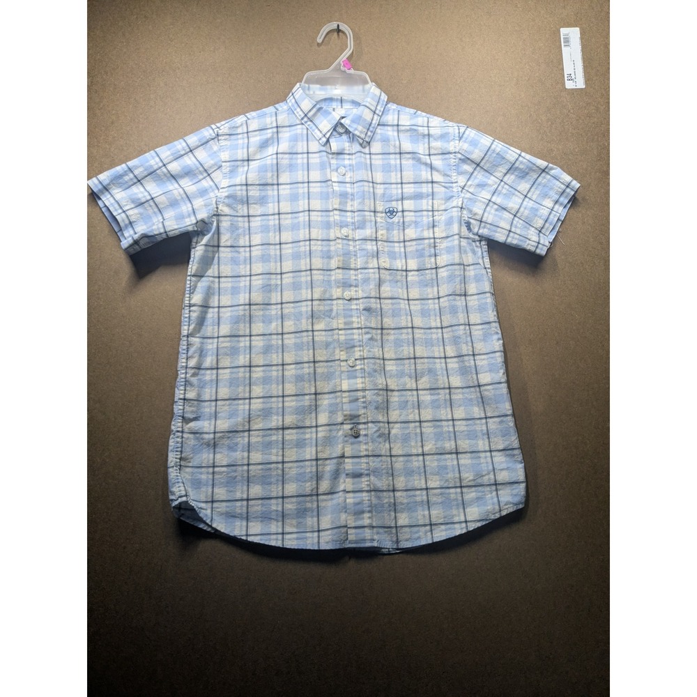 Ariat Pro Series Boys Blue White Plaid Short Sleeve Stretch Button Down Shirt L
